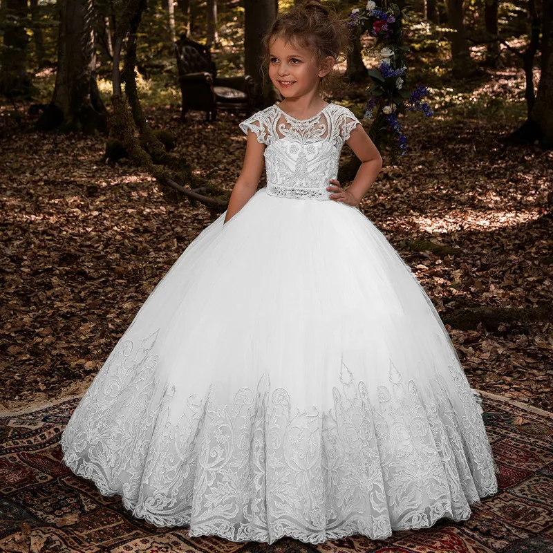 

2020 White Gold Lace Applique Princess Flower Girls Dresses For Wedding Ball Gown Tulle Pageant Dress Kids Communion Gowns