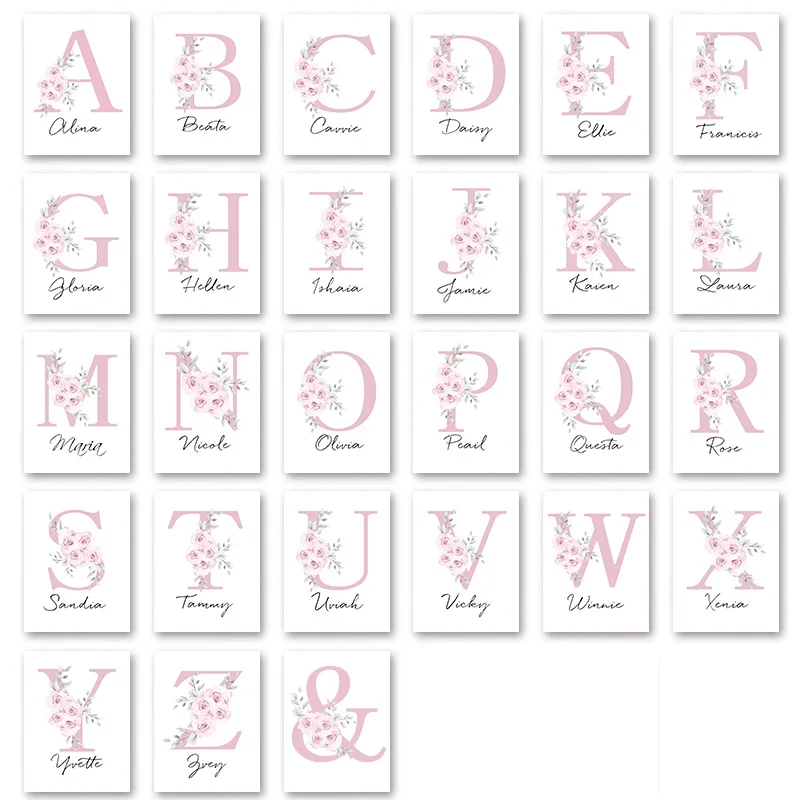 Póster personalizado con nombre de bebé para guardería, lienzo de pintura con impresión de flores rosas, animales, arte de pared para decoración de dormitorio de niñas - Imagen 2