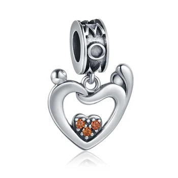 

100% 925 Sterling Silver mom and son pendant beads heart Zircon charms fit European Bracelet for Women Valentine's Day gift