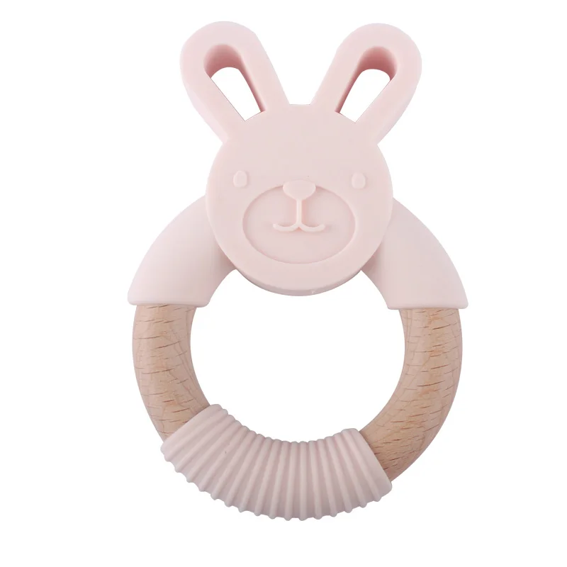 1 шт. силиконовый Прорезыватель для зубов с кроликом, кольцо для прорезывания зубов, деревянное жевательное кольцо для животных, игрушка для кормления зубов, подарок для детского душа, сенсорные игрушки для новорожденных - Цвет: Light pink