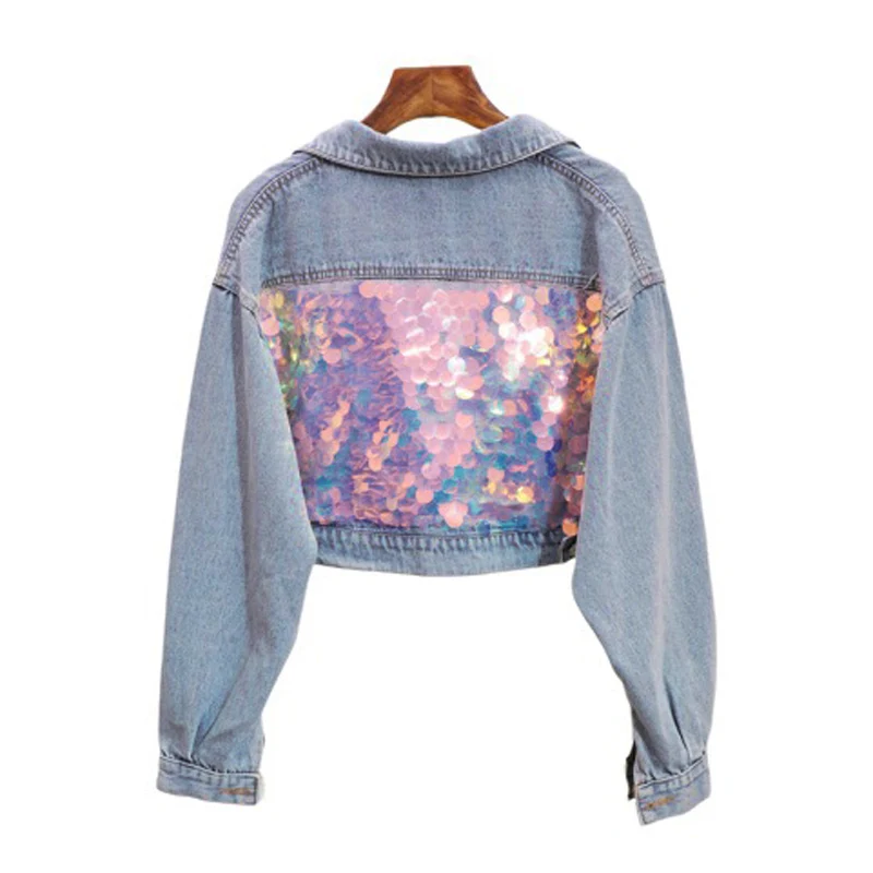 

PERHAPS U Women Blue Denim Bling Jacket Pocket Sequined Long Sleeves Turn Down Collar C0140