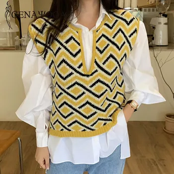 

Genayooa Women Sleeveless Pullover Sweater Vest Office Ladies Long Sleeve V Neck Slim Patchwork Knitted Vest Korean Tops Female