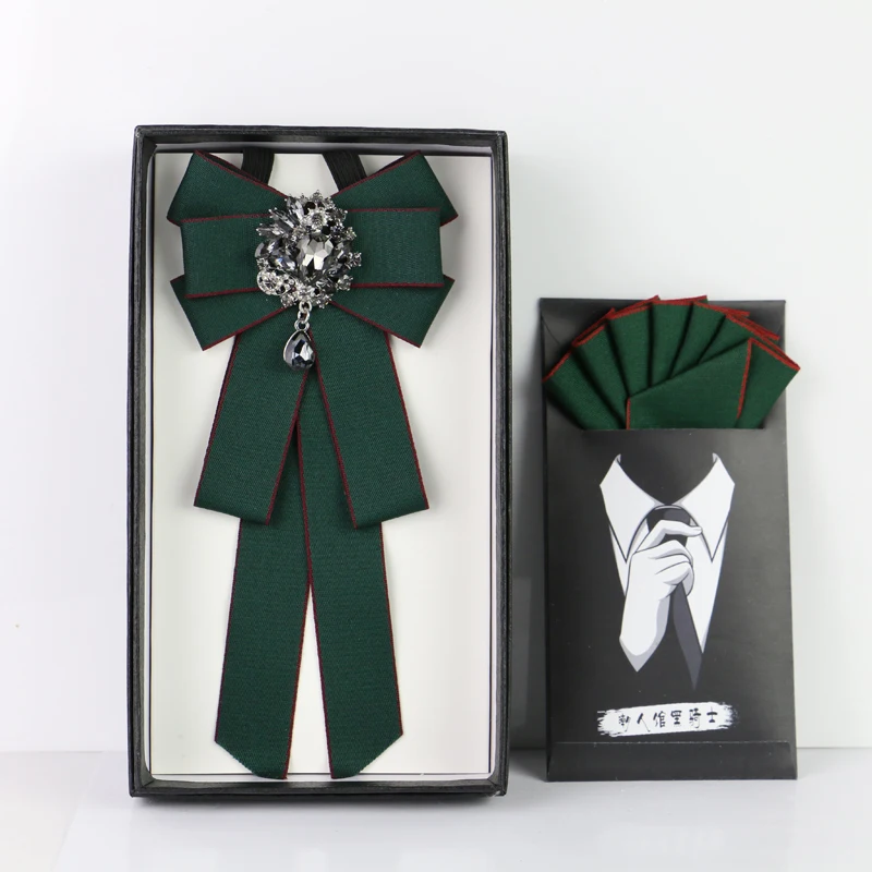 2pcs Bow Tie Set Британский мужской женский ленточный галстук-бабочка, носовой цветок, карманный квадратный свадебный галстук для рубашки, пальто, сплав, стразы носовые платки с бантиком - Цвет: 2pcs Bow Tie Set