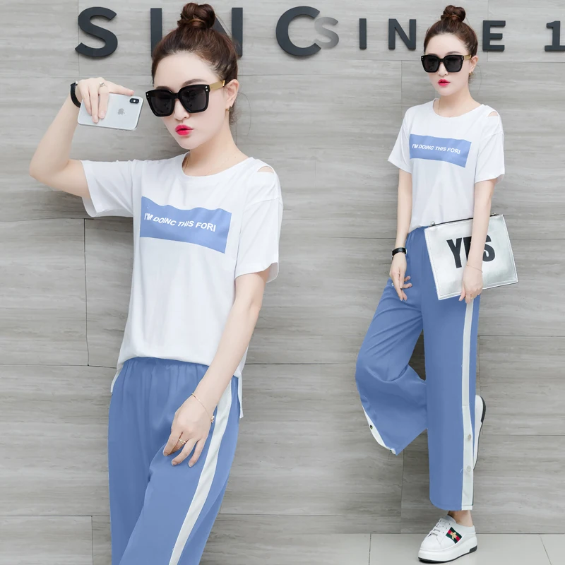 

Sports Suit Female 2019 Summer New Korean Version of the Tide Split Wide Leg Pants Suit Loose Fashion Casual Two-piece