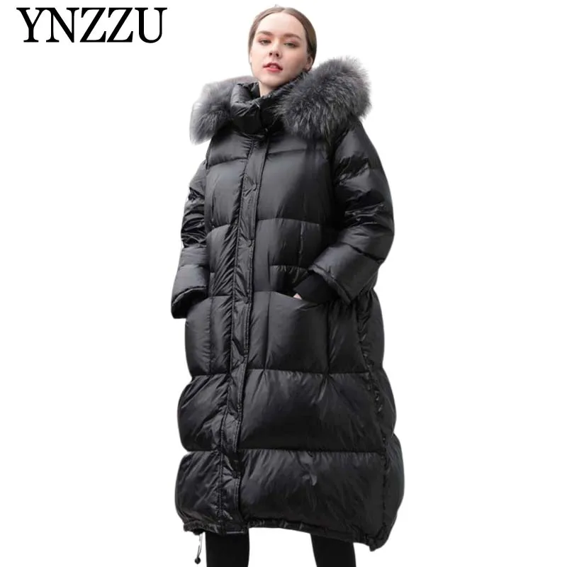 

Black Raccoon fur collar Women Down jacket 2019 Winter thick warm Female Long down coat Loose oversize Hooded outwear YNZZU O951