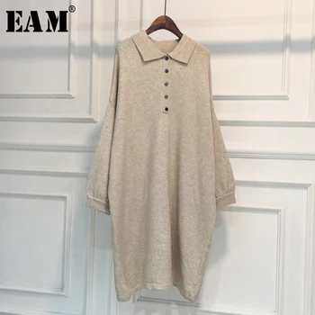 

[EAM] Big Size Long Knitting Sweater Loose Fit Lapel Long Sleeve Women Pullovers New Fashion Tide Autumn Winter 2020 1X419