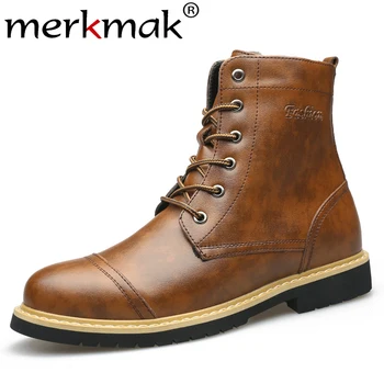 

Merkmak 2019 Men Shoes Fashion Lace-up High Top Leather Boots Bristish Style Non-slip Motorcycle Boots Warm Big Size Men Boots