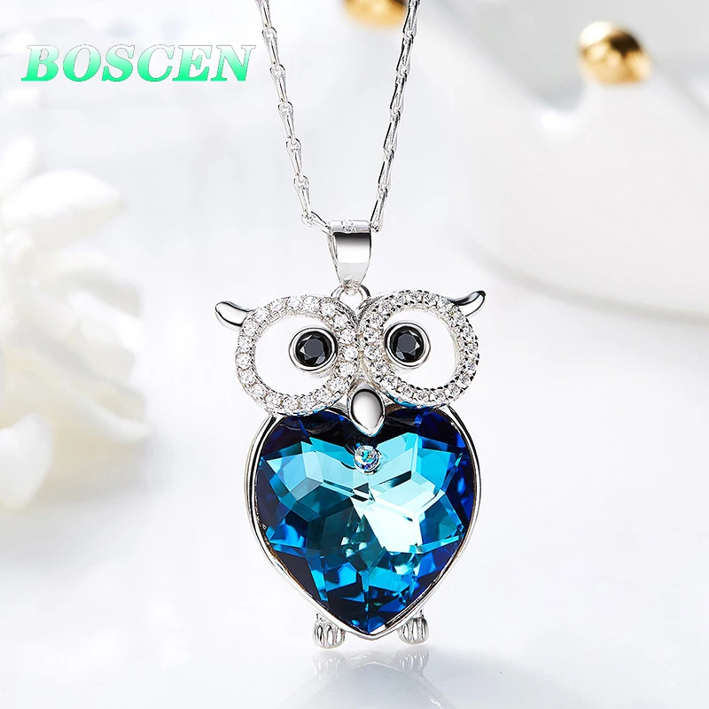 BOSCEN 925 Sterling Silver Pendant Necklace For Women Birthday Gift Colorful Owl Embellished With Crystals From Swarovski