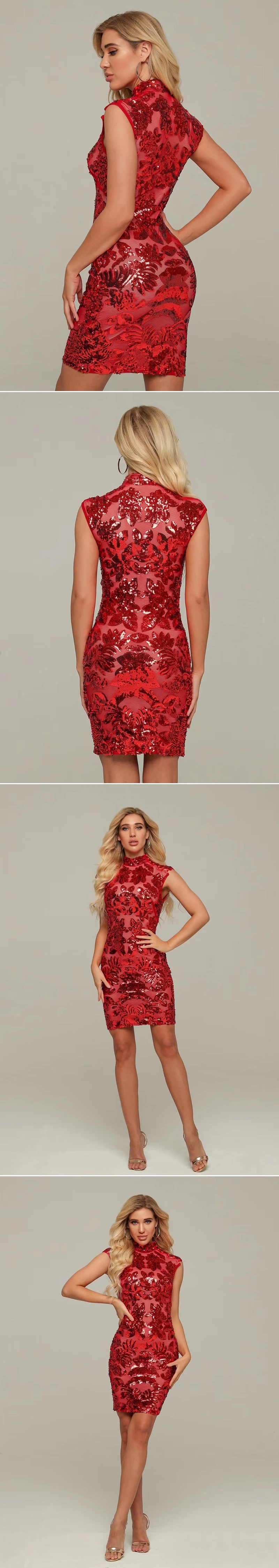 VC женское красное платье сетка сплайсинга Красные Блестки Vestidos водолазка знаменитости Рождественская вечеринка мини облегающее платье