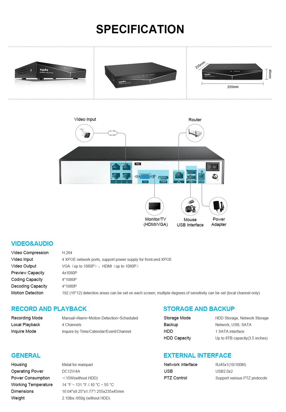 SANNCE 4CH 1080P HDMI POE NVR комплект CCTV система безопасности 2MP IR IP66 Водонепроницаемая уличная ip-камера Plug& paly комплект видеонаблюдения
