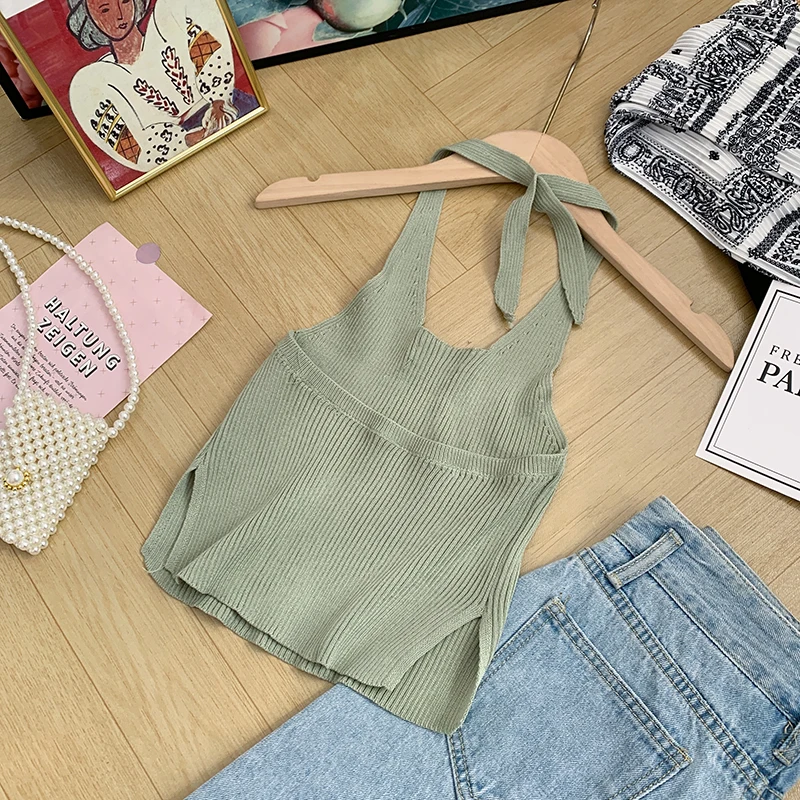 white bra Pearl Diary Women Halter Neck Tied Back Knit Tops Summer Solid Knitting Backless Sexy Side Slit Rib Tops Ins Sleeveless Tanks sexy camisole