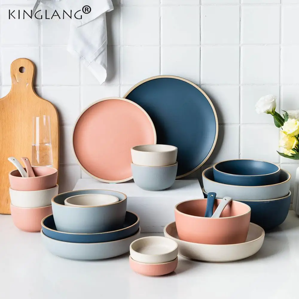 Kinglang, нордическая керамика, 4 человека, Обеденный набор, Morandi, цветная посуда, столовые приборы, набор тарелок