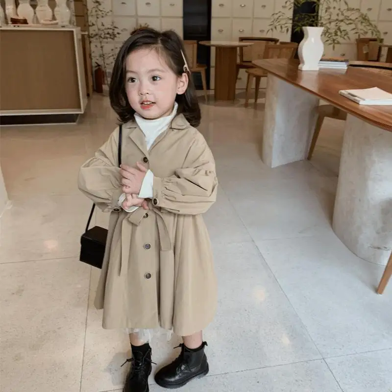 Spring Autumn Korean Windbreaker Jacket Kids Khaki Trench Coat Outerwear Coats Jackets For Girls