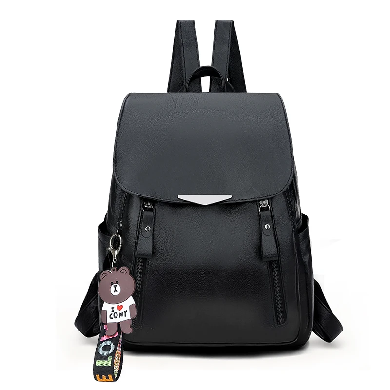 

2019 New Female Solid Color Leather Backpack Korean Style Women High Quality Bear Pendant Student Bag Teens Designer Travel Bags