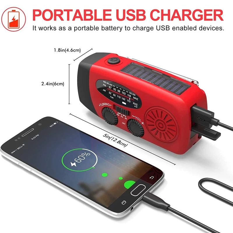 Portable Solar Hand Crank Radio with LED Flashlight