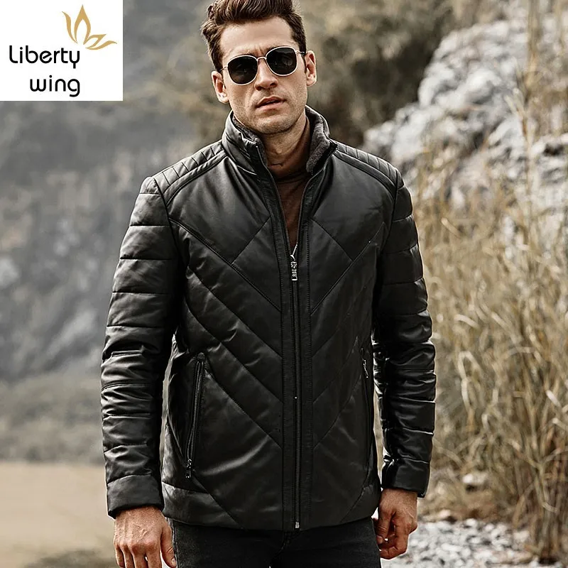 

High Quality Genuine Leather Down Coat Men Casual Zipper Sheepskin Jacket Autumn Winter Lambswool Collar Warm Outwear Plus Size