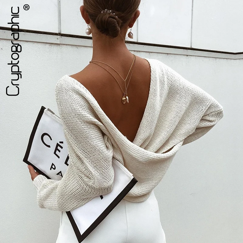 

Cryptographic 2019 Autumn New Solid Loose Casual Criss Cross Knitted Sweaters Women V-Neck Batwing Sleeve Pullovers Top Knitwear