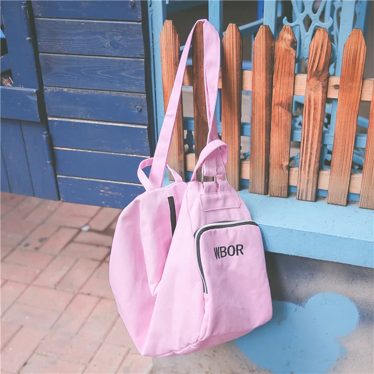 Women Canvas Solid Color Backpack Embroidery Fashion Shoulder Bag Japanese Style Large Capacity Letter Luggage Travel Bag - Цвет: Pink