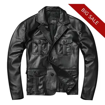 

2020 Black Men American Casual Style Leather Jacket Plus Size XXXXL Genuine Sheepskin Autumn Safari Leather Coat FREE SHIPPING