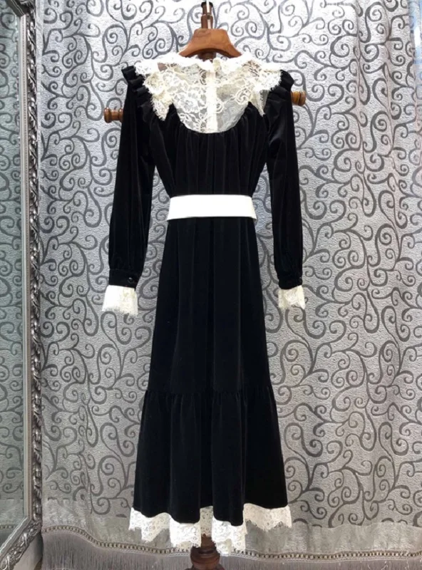 Высокое качество, новинка, осенне-зимние Вечерние платья Vestido, женское сексуальное платье с кружевами «кроше», в стиле пэчворк, с длинным рукавом, черное бархатное платье с поясом