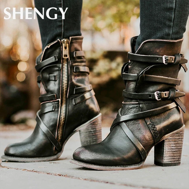 

2019 Women Ankle Boots Autumn Winter Buckle Ladies Leather Shoes Plus Size Zipper Female Low Heel Snow Boots Dropshipping