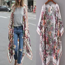 Женское повседневное кимоно в винтажном стиле кардиган женский длинное вязаное шифоновое кимоно preto Свободная блузка с цветочным принтом топы черный