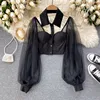 Women Mesh Sheer Blouse See-through Long Sleeve Crop Top Single-breasted Shirt Blouse Fashion Backless Sexy Shirt Female 5