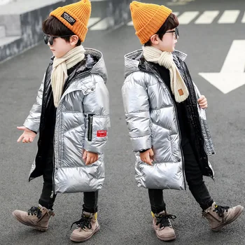 

2020 Long Kids Winter Jacket For Boys Hooded Plus Velvet Warm Shiny Cotton Boys Outerwear Coat 3-14 Years Kids Teenage Boy Parka