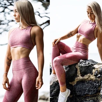 

GAOKE new fitness women sporting two pieces sets back criss-cross crop tops high waist push up leggings female tanksuits