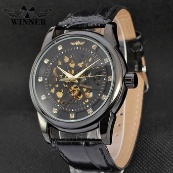 

Winner Transparent Dial Luxury Automatic Watch Men Black Leather Strap Mens Watches Top Brand Luxury Mechanical Skeleton Watch