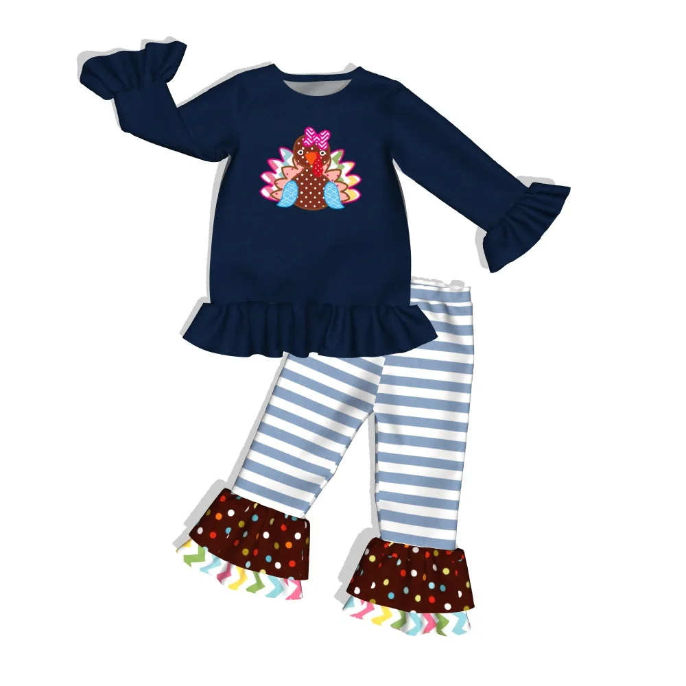 Новинка года; одежда для маленьких девочек с вышивкой в виде индейки; комбинезон для девочек; темно-синий и белый полосатый Детский комбинезон; GPF907-731-HY