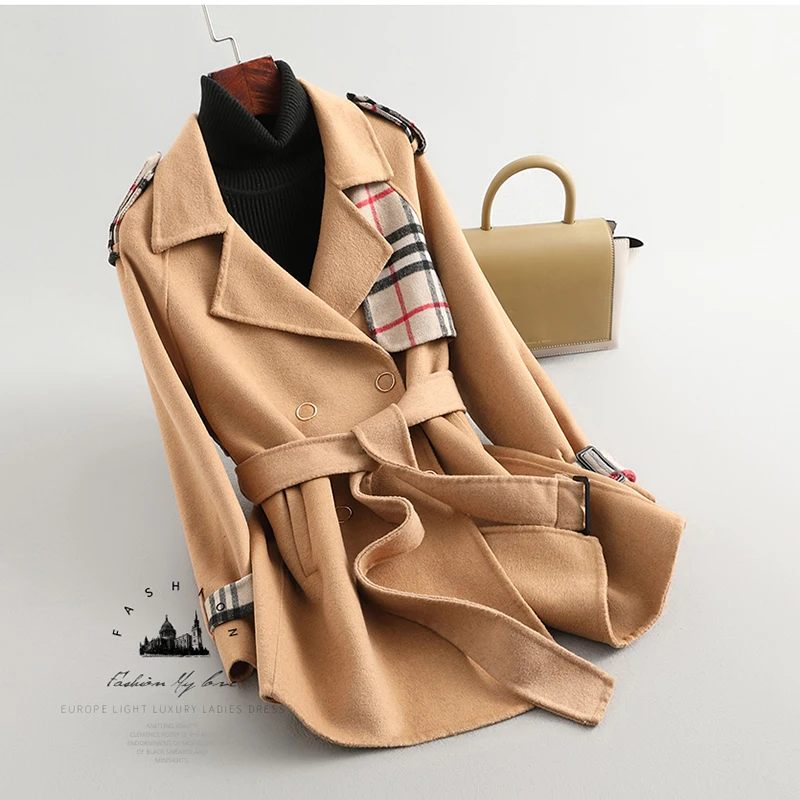 

Mujer Wool Abrigos Spring High-end Stitching Lattice Double-faced Cashmere Overcoat Women Double-sided Woolen Outwear New Z596