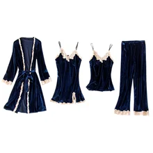 Лидер продаж Для женщин пижамный комплект элегантные бархатный халат платье топы, штаны 4 шт./компл. пижамы CXZ