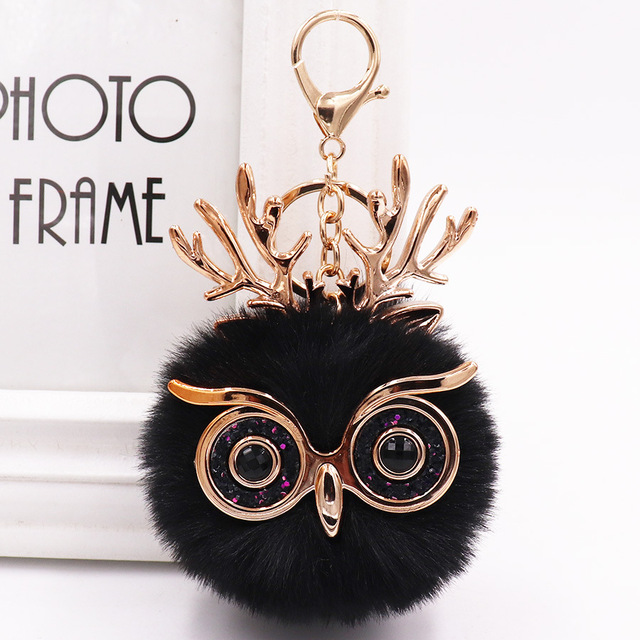 Cute Sequin Ears Owl Keychain Fluffy Artificial Rabbit Hairy Pom-pom Keychain Women's Shoulder Bag Owl Pendant Key Ring
