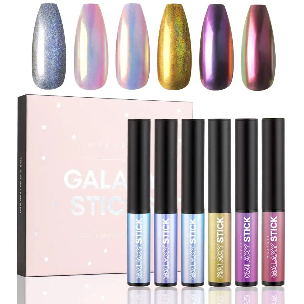 Unha em pó Almofada de ar Arte do Unha Makartt Galaxy Varas Holográfico Caneta Cromo 6 Cores Efeito Espelho Faça Você Mesmo Gel