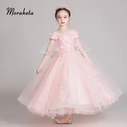 Розовые платья принцессы с цветочным узором для девочек на свадьбу, с вырезом лодочкой, с открытыми плечами, бальное платье для девочек