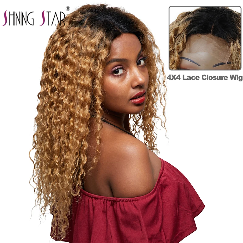 

4*4 Lace Closure Wigs Ombre Blonde Lace Human Hair Wigs Pre Plucked Peruvian Water Wave Lace Wigs 1B/27 Nonremy Human Hair Wigs