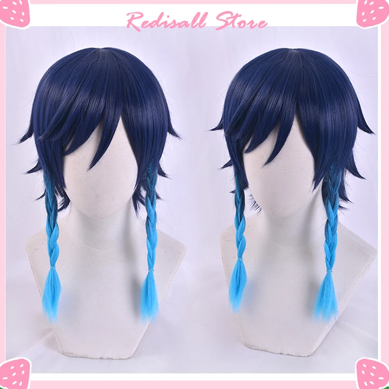 

Venti Wig Genshin Impact Cosplay Hair Gradual Blue Short Twin Braids Braided Styled Heat Resistant Hair Adult Women Halloween