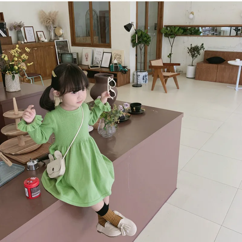

Autumn Winter high quality cotton yarn knitted sweater dresses for girls 1-6 years kids warm long sleeve dress