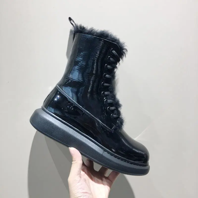 All Black Г. Новые Модные женские осенне-зимние ботинки мотоботы до середины икры теплая шерстяная обувь из натуральной кожи на толстой подошве зимние ботинки на шнуровке - Цвет: All Black