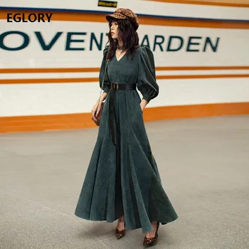 

Velvet Long Dress 2019 Autumn Winter Style Women V-Neck Lantern Sleeve Vintage Green Long Party Sexy Mermaid Dress Vestidos