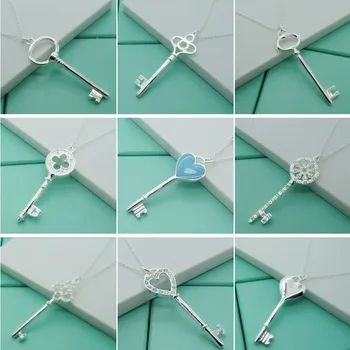 925 Sterling Silver Crystal Heart Round Key Pendant Necklace