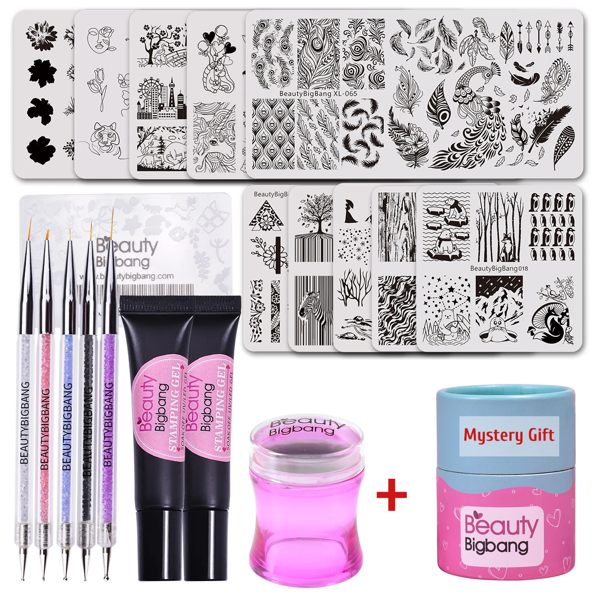 

BEAUTYBIGBANG 14Pcs Set Nail Art Stamping Plate Kit Printing Nail Gel Dotting Pen Stamper With free gift Blind Box Template Set