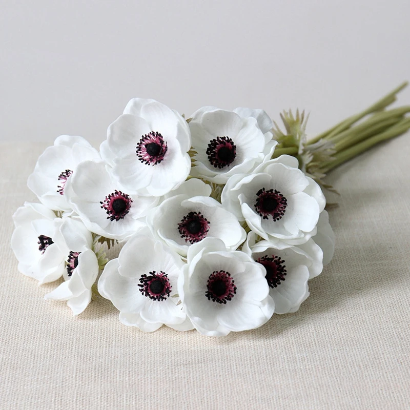 Настоящие искусственные Искусственные цветы Anemone шелковые искусственные цветы для свадьбы держа поддельные цветы домашний сад декоративный венок - Цвет: Белый