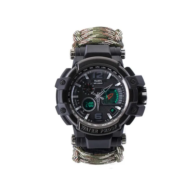 

Men's Multi-function Electronic Watch Survival Quartz Waterproof Watch Large Dial Umbrella Rope Bracelet Braided Digital Sport