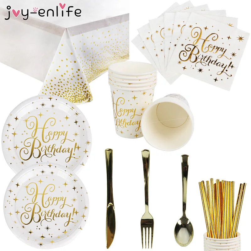 

Joy-Enlife 10Pcs Birthday Party Disposable Tableware Plate Cutlery Plate Cup Gold Silver Baby Shower Birthday Party Supplies