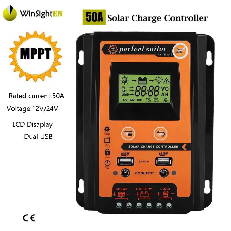 

Charge Controller MPPT Solar Controller With LCD Disaplay Dual USB 5V Solar Cell Panel Regulator PV Home 50A 12V 24V