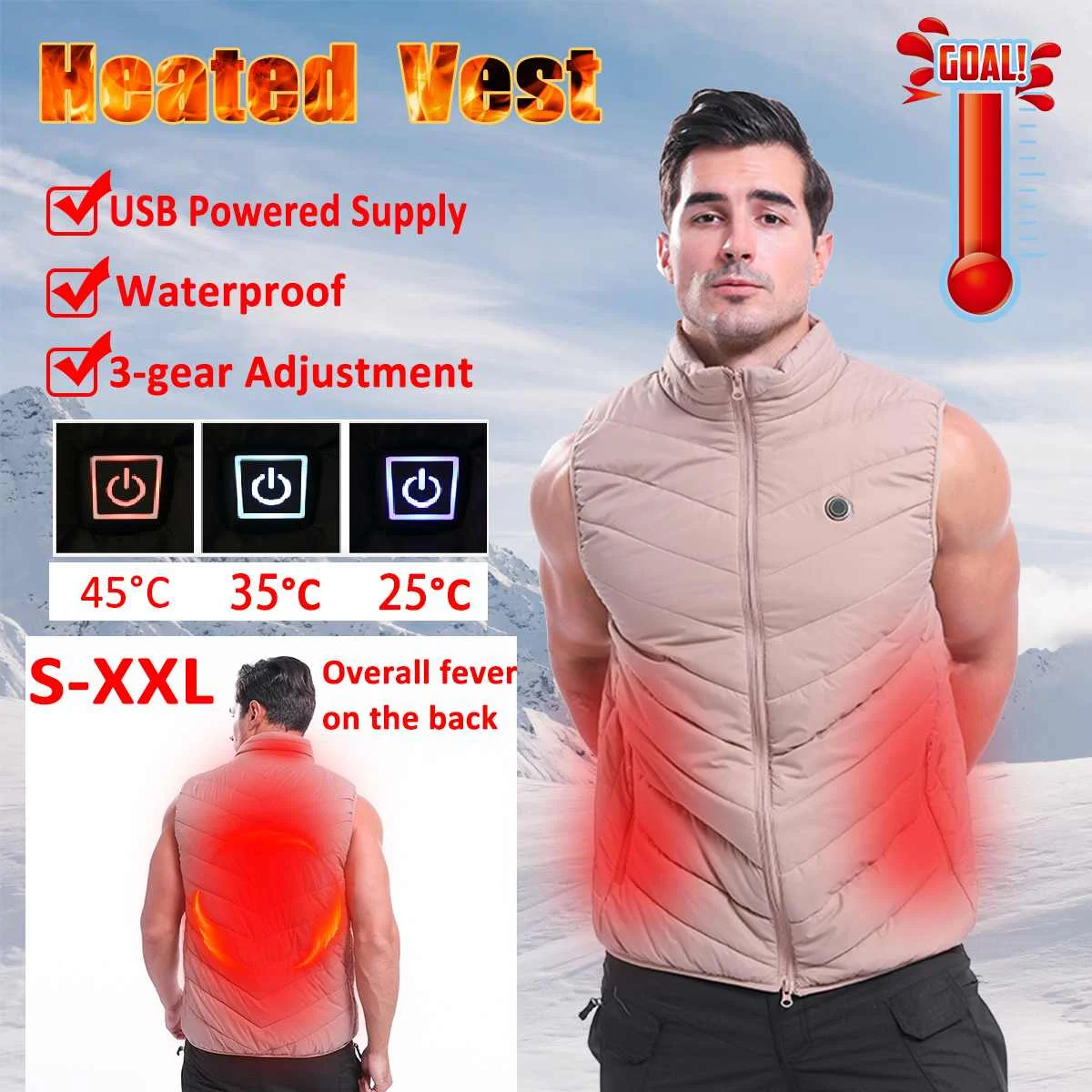 

Khaki Men Women Outdoor 3 Speed Thermostat USB Infrared Heating Vest Jacket Winter Electric Thermal Warm Clothing Waistcoat