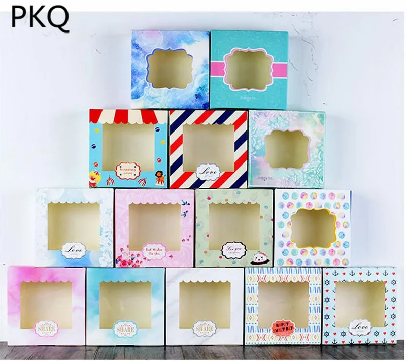 

14.3x14.3x3.7cm Kraft Paper cake pvc window craft Jewelry box, packing cardboard box,kraft wedding favors gift cookie candy box