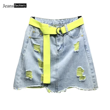 

Summer Denim Skirt For Women High Waist A Line Color Hole Mini Skirt With Belt Fashion Casual Korean Style Jeans Skirts Female